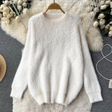 Plush Sweater Women Loose Gentle Long Sleeve Fashion O Neck Korean Top 2022 Winter Solid Streetwear Knitted