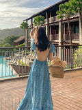 Philosophy Bohemian Printed Blue Backless Sexy Summer Floral Beach Vacation Dress Female V-neck Irregular