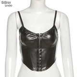 Sisterlinda Sexy Punk Y2K Black PU Leather Crop Top Womens Sleeveless Deep V Neck Backless Camisole Fashion Party Club