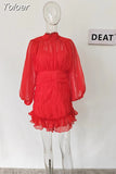 Vintage Fold Dress Long Lantern Sleeve Turtleneck High Waist Slim Summer Dresses Women Fashion Clothes 2023