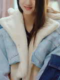 Toloer No Doubt Liang Shuang With The 2024 New Velvet Thick Denim Stitching Lamb Lapel Cotton Jacket Coat Female-Outfit