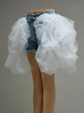Fashion Women's Skirt Denim Spliced Lace High Waist Pleated White Burr Short Poncho Skirts Spring 2023 Trend New