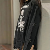 Black Gothic Lady Cotton T Shirt Women Skull Print Long Sleeve Off Shoulder Loose T-shirt Dark Goth Kawaii Irregular