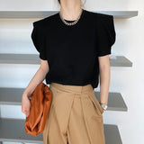 Puff Short Sleeve Designer Shoulder Pad T-Shirt Blue Black Summer Women T Shirt