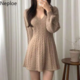 Vintage Woman Dresses V-neck Lantern Sleeve Knit Robe Elegant Vestidos De Mujer Fashion Korean Sweater Y2K Mini