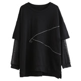 Women Black Zippper Mesh Spliced Big Size T-shirt New Round Neck Long Sleeve Fashion Tide Spring Autumn 2023