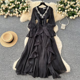 High-End Elegant Dress Women Fashion Heavy Industry Embroidery Stender V Collar Waist Temperament Court Style Long