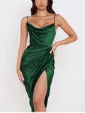 party Dress Women Midi Satin Dress Split Adjustable Strap Ruched Cowl Neck Asymmetrical Zipper Party Dress Elegant Sexy Woman