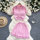 New Knitted Shirt Two Sets Of Women Retro Short-Sleeved Top + High-Waisted Folded