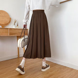 Vintage Brown Pleated Long Skirts Women Korean Fashion High Waist Chic Elegant A-line Midi Skirt for Girls Preppy