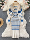 Panelled Striped Sweet Knitted Sets Turn Down Collar Knitwear Top+Midi Slim Camis Dress Women Autumn Two Pieces