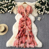 New Light Luxury Chiffon Print Dress Temperament Lotus Side Fishtail Dress Female Dress