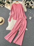 Fashion Casual Knitted Sets Winter Women Long Sleeve Irregular Pullovers+ Wide Leg Pant Loose Sweater Two Pieces