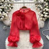 Shirt Female Design Sense Small Three-Dimensional Flower Bubble Sleeves To Reduce The Age Of Pure Color Chiffon Shirt Women's Long-Sleeved