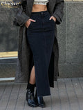 Vintage Black Denim Skirts Woman Fashion Elegant High Waist Office Lady Long Skirts Casual Slit Skirt Female