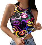 O-Neck Lip Print Short Crop Tank
