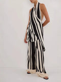 Eastern Women's Fashion Casual Elegant Bare Back Set Striped Broad Leg