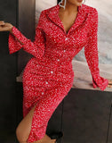Elegant Print Turndown Collar Button Long Sleeve Midi