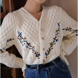 Style Embroidey Flower Cardigan Women O Neck Single Breasted Knitted Tops Long Sleeve Casual Vintage