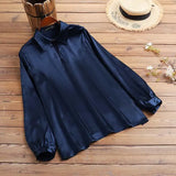 Autumn Elegant Lantern Long Sleeve Satin Blouses Women Casual Office Lapel Shirts 2022 Fashion Hollow Neckline Tunic