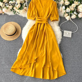 Lace-up Green Dress Women Summer 2023 Short Sleeve Ruffle Solid Woman Dress V Neck Irregular Casual Long Dresses