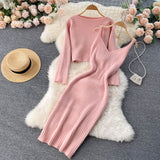 Women Korean Knitted Set Casual Loose Short Pullovers+Sleeveless V Neck Sexy Slim Strap Sweater Dress Two Piece