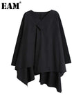 Women Black Irregular Hem Big Size Blouse New V-neck Long Sleeve Loose Fit Shirt Fashion Tide Spring Autumn 2023