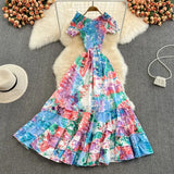 Bohemian Tie Dye Beach Long Dress Women Sexy Short Sleeve High Waist A-Line Big Swing Party Maxi Vestidos Female 2022 Summer