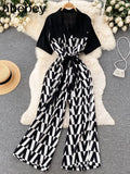Women Short Sleeve Jumpsuit Patchwork Wide Legs Bodycon Jumpsuit Simple Romper Trousers Club Wear 20122 Summer Playsuit