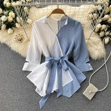 Vintage White Striped Patchwork Irregular Ruffle Blouse Women Spring Autumn Elegant Turn-Down Collar Tops Female Casual