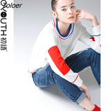 Women T-Shirts Autumn Patchwork Hit Color Long Sleeve Blouse Casual Loose Round Neck Basic Tops Cotton