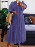 Summer Shirt Dress Women Casual Half Sleeve V Neck Button Down Pleated Long Dresses VONDA Ladies 2022 Bohemian Vestidos