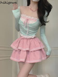 Skirt Outfits Summer Fashion 2 Piece Set Women Clothing Patchwork Crop Tops Lace Ruffles Mini Skirts Suit Korean Cute