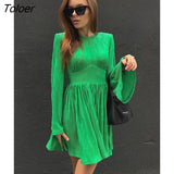 Stylish Green Pleated Dress Flare Sleeve O-Neck Spring Mini Dress Fit Flare High Waist Zipper Slim New Year Dress Lady
