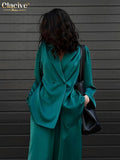Fashion Long Sleeve Blazer Two Piece Sets Women Outifits Casual Loose Office Pants Set Elegant Green Satin Trouser