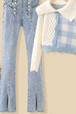 Spring New Elegant Women's Pants Set Fashion Plaid Sweater Button Jeans Two-piece Casual Wear Female Trousers