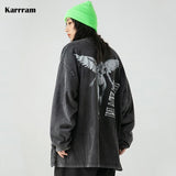 Punk Style Hoodies Grunge Print Vintage Hip Hop Oversized Pullovers Distressed Wash Black Sweatshirts Hippie Emo