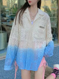 Streetwear Ombre Shirt For Women Lapel Long Sleeve Cut Out Colorblock Blouses Female Fashion Clothes New 2022
