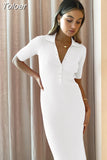 Dress Women 2023 Summer Short Sleeve Polo Neck Slim Boho Midi Dress Woman Fashion Black White Bodycon Dresses