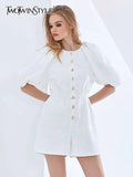White Elastic Waist Jumpsuit For Women Round Neck Puff Sleeve Rise Waist Casual Jumpsuits Female Fashion New