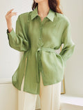 Fashion Women's Shirt Lapel Lace Up Waist Retraction Single Braested Long Sleeve Solid Color Blouse Summer 2023 New