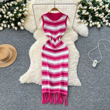 Fan Temperament Body-In-County-Necked Sleeveless Striped Knitted Dress Women's Summer Tight-Dled Ass Tuxedo