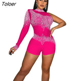 Diamonds Rompers And Jumpsuits Summer Sexy Short Jumpsuits For Women Casual Mesh See Through Long Sleeve Romper