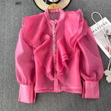 Court Style Super Fairy Collar Layer Lotus Edge Eugen Yarn Perspective Single Buckle Shirt Female Gas