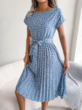 Dress Women 2023 Fashion Floral Print Pleated A Line Dress For Women Short Sleeve High Waist Chic Dresses