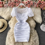 Purple/Brown/White Sexy Mesh Draped Bodycon Dress Women Elegant Square Collar Short Puff Sleeve Pleated Vestidos Female