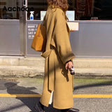 Women Elegant Solid Long Wool Coat With Belt Chic Batwing Long Sleeve Pockets Loose Coat Female Autumn Winter