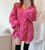 Women Sweater Pullover 2022 Female Knitting Overszie Long Loose Elegant Knitted Thick Outerwear Woman Winter Sweaters Pink