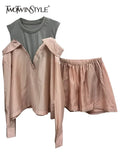 Loose Two Piece Set For Women Round Neck Long Sleeve Off Shoulder Shirt High Waist Shorts Female Sets Fashion
