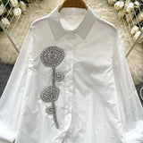 Day Shirt Women 2025 New French Heavy Industry Diamond Three-Dimensional Flowers Loose Thin Single-Drilled Chic
